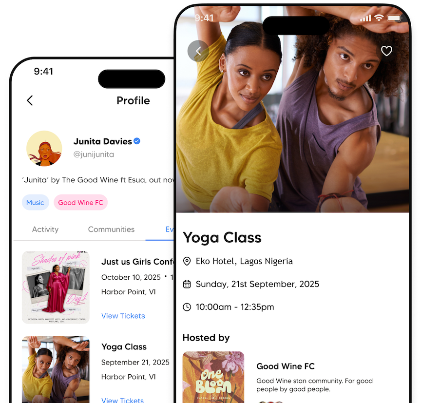App interface showing chat rooms and communities